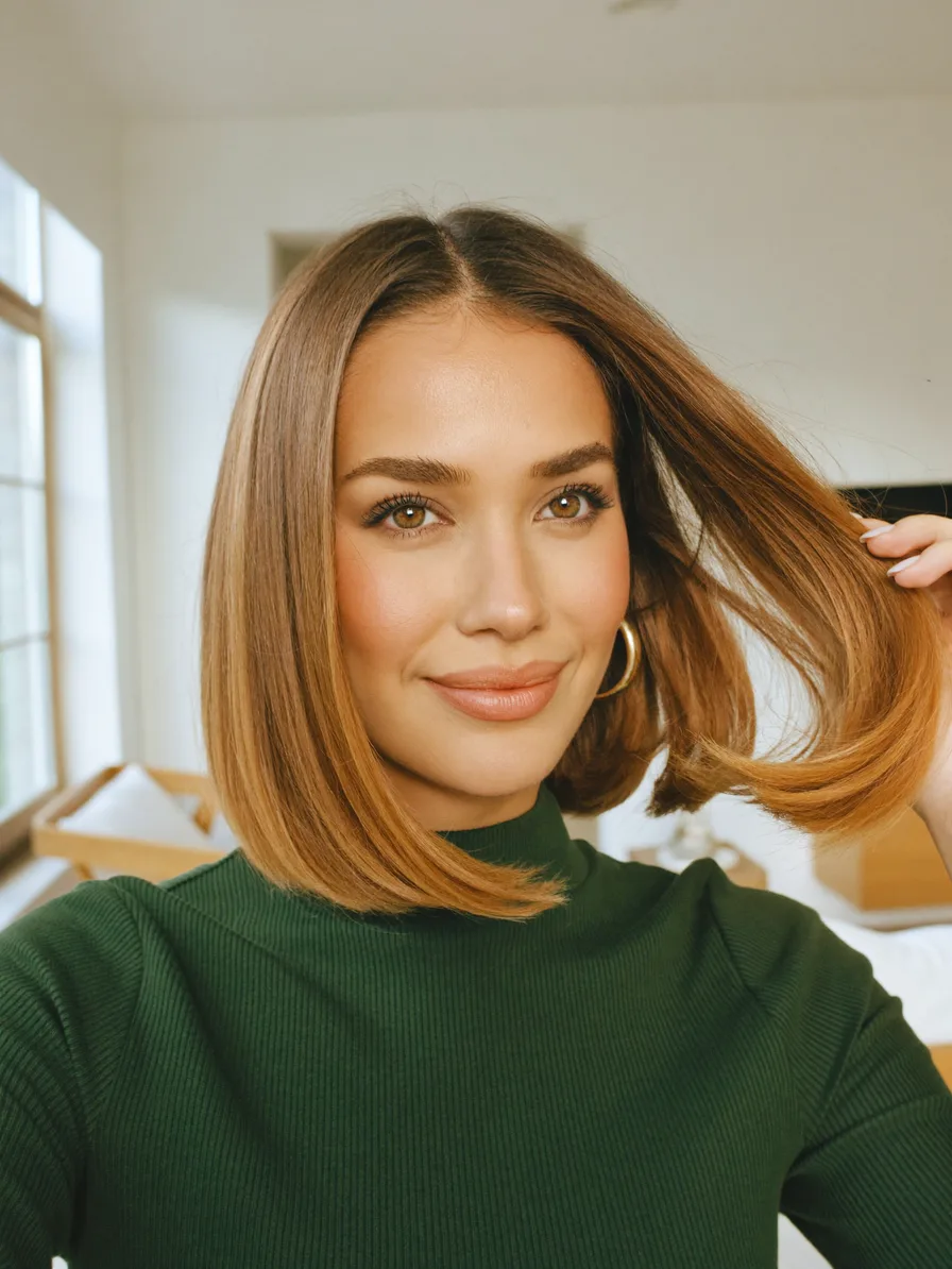 Sleek Center-Parted Blunt Bob in Warm Caramel Brown