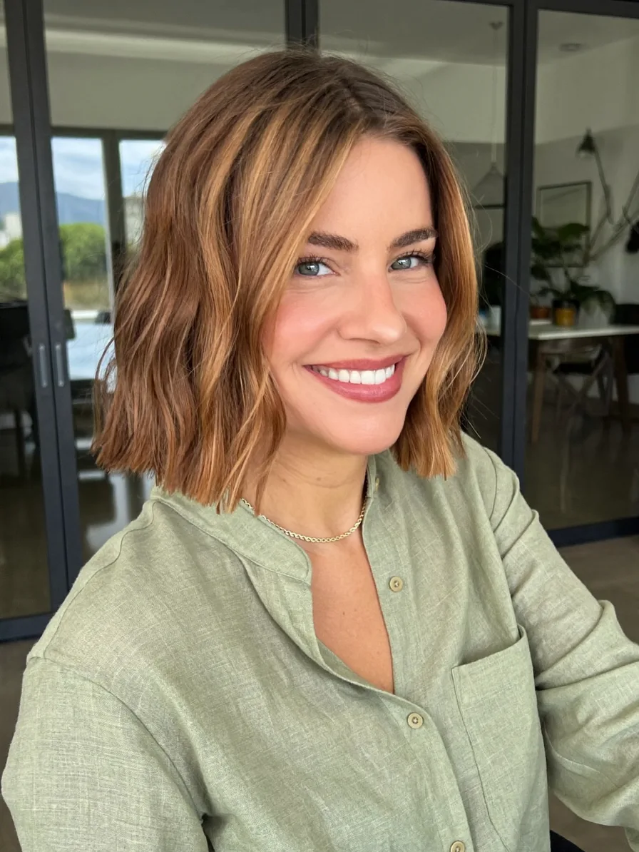 Chic Chin-Length Bob with Warm Honey Caramel Balayage Highlights