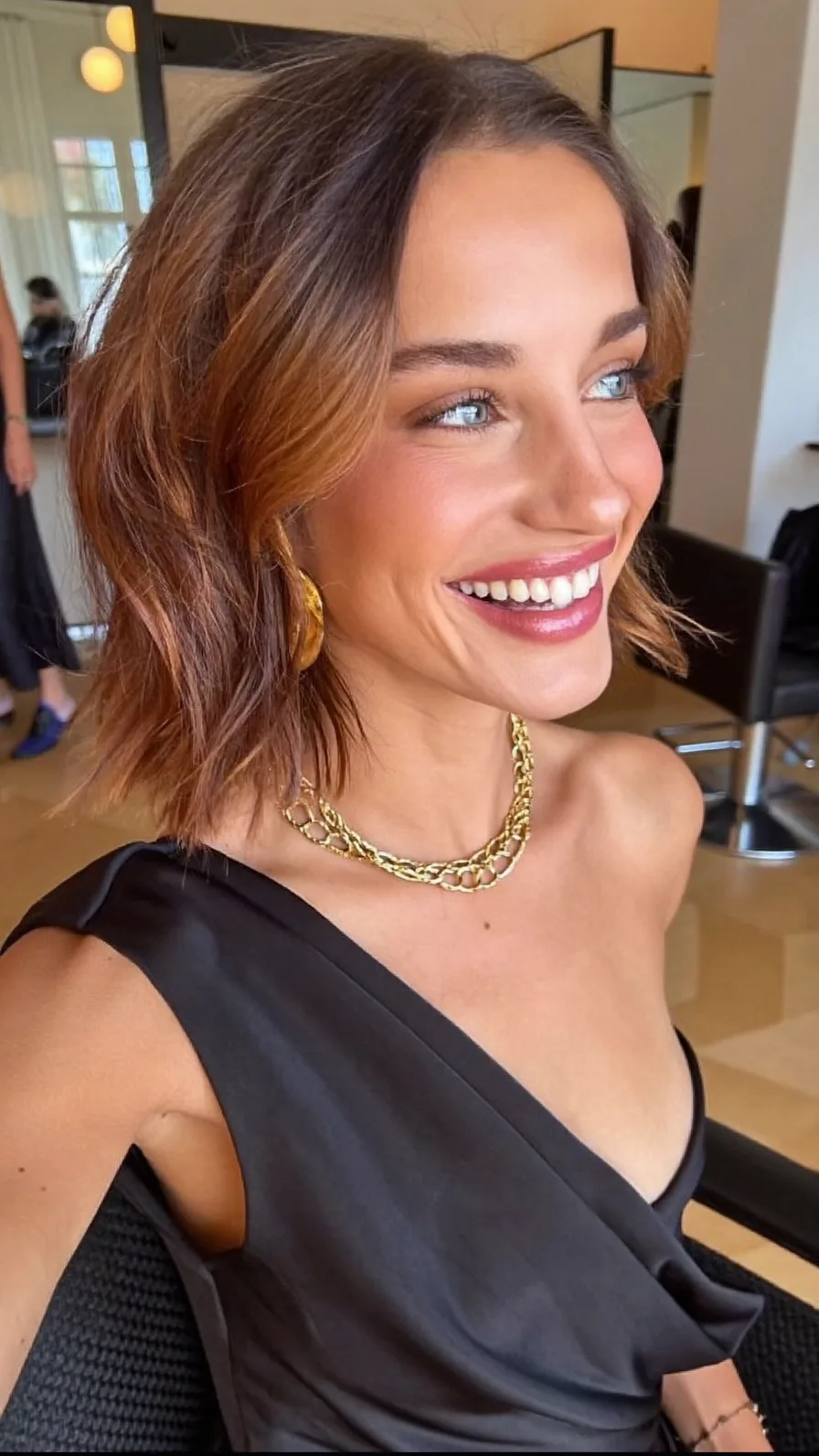 Textured Chin-Length Choppy Bob with Warm Caramel Balayage