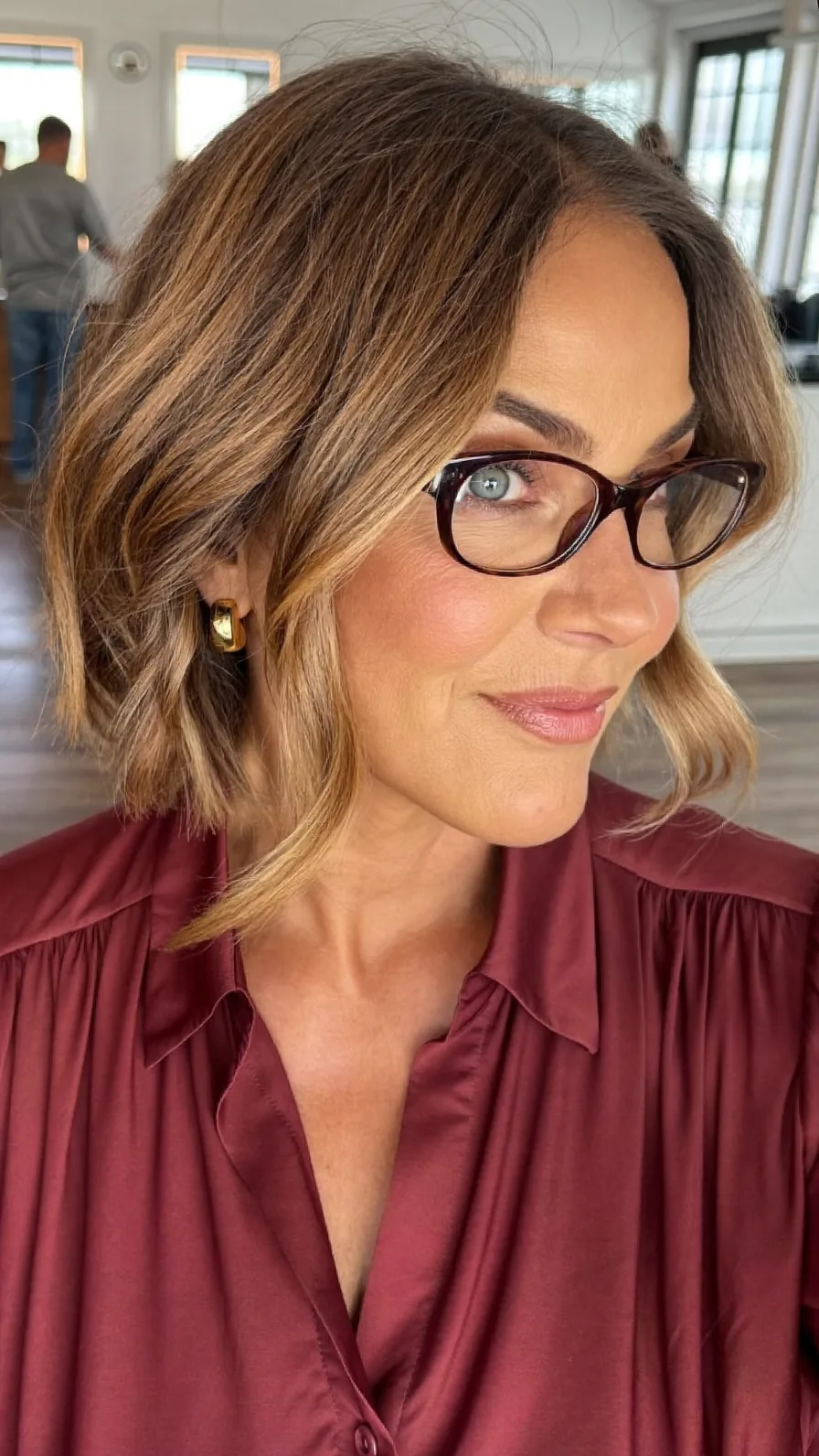 Chic Warm Caramel Bob with Flowing Side-Swept Layers