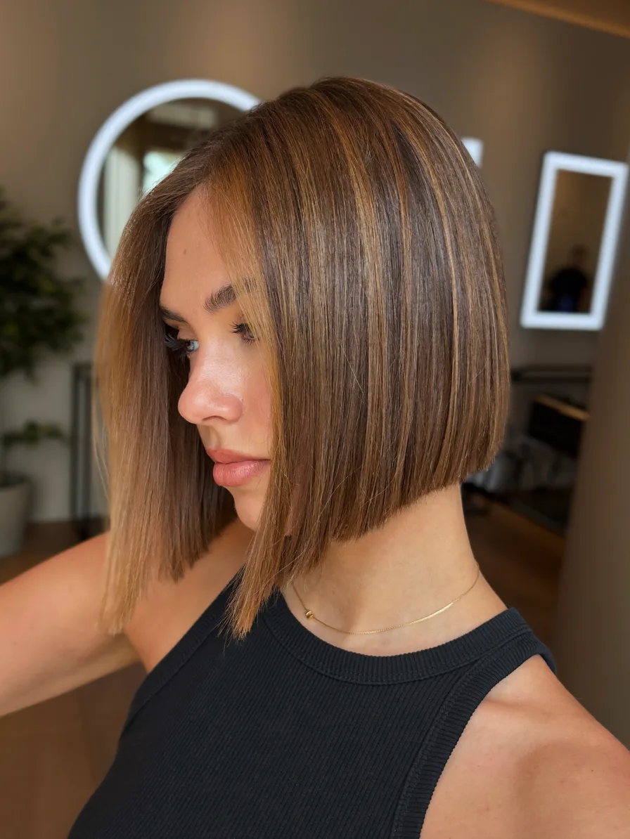 Chic Blunt Chin-Length Bob with Warm Caramel Highlights