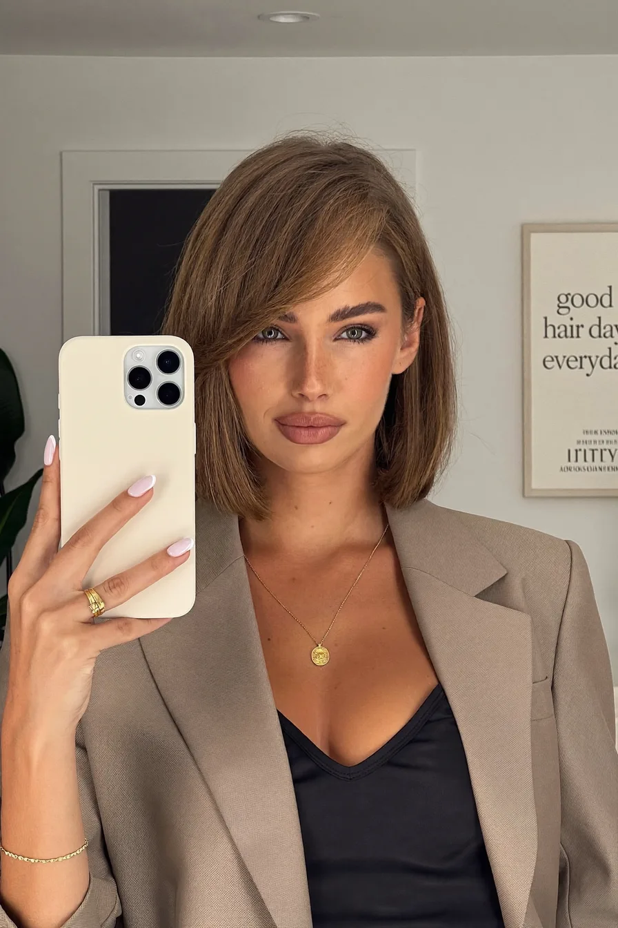 Chic Chin-Length Warm Caramel Brown Bob with Side-Swept Bangs