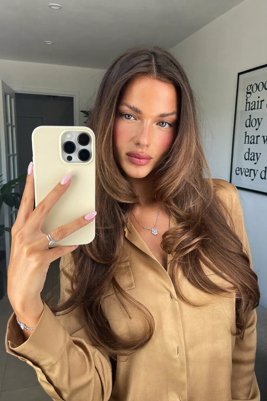 Voluminous Long Layers with Caramel Brown Gloss Finish
