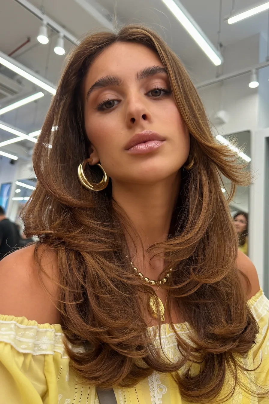 Voluminous Layered Blowout with Caramel Brown Elegance