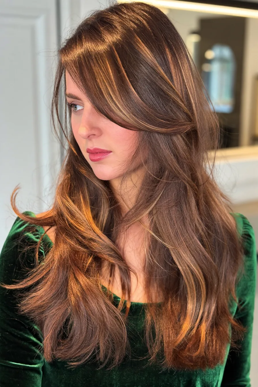 Layered Long Cut with Face-Framing Caramel Brown Highlights