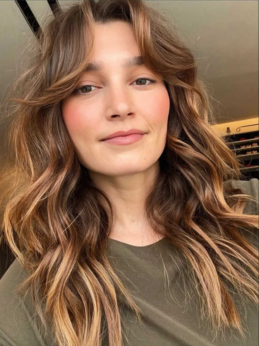 Flowing Long Layers with Warm Caramel Balayage and Curtain Bangs
