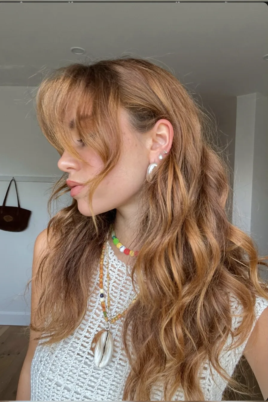 Long Wavy Honey Caramel Layers with Soft Curtain Bangs