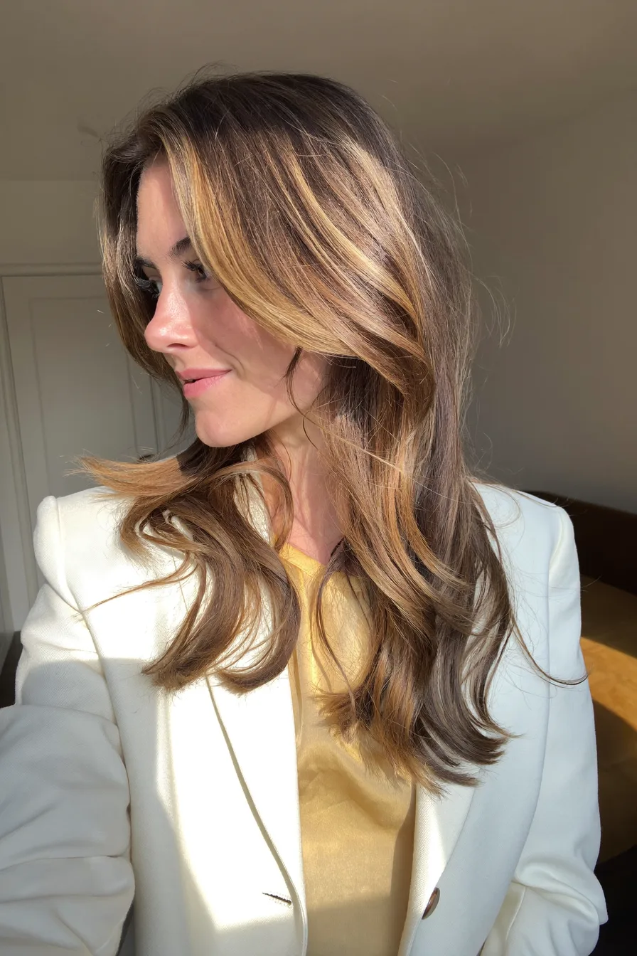 Soft Flowing Long Layers with Caramel Balayage Highlights