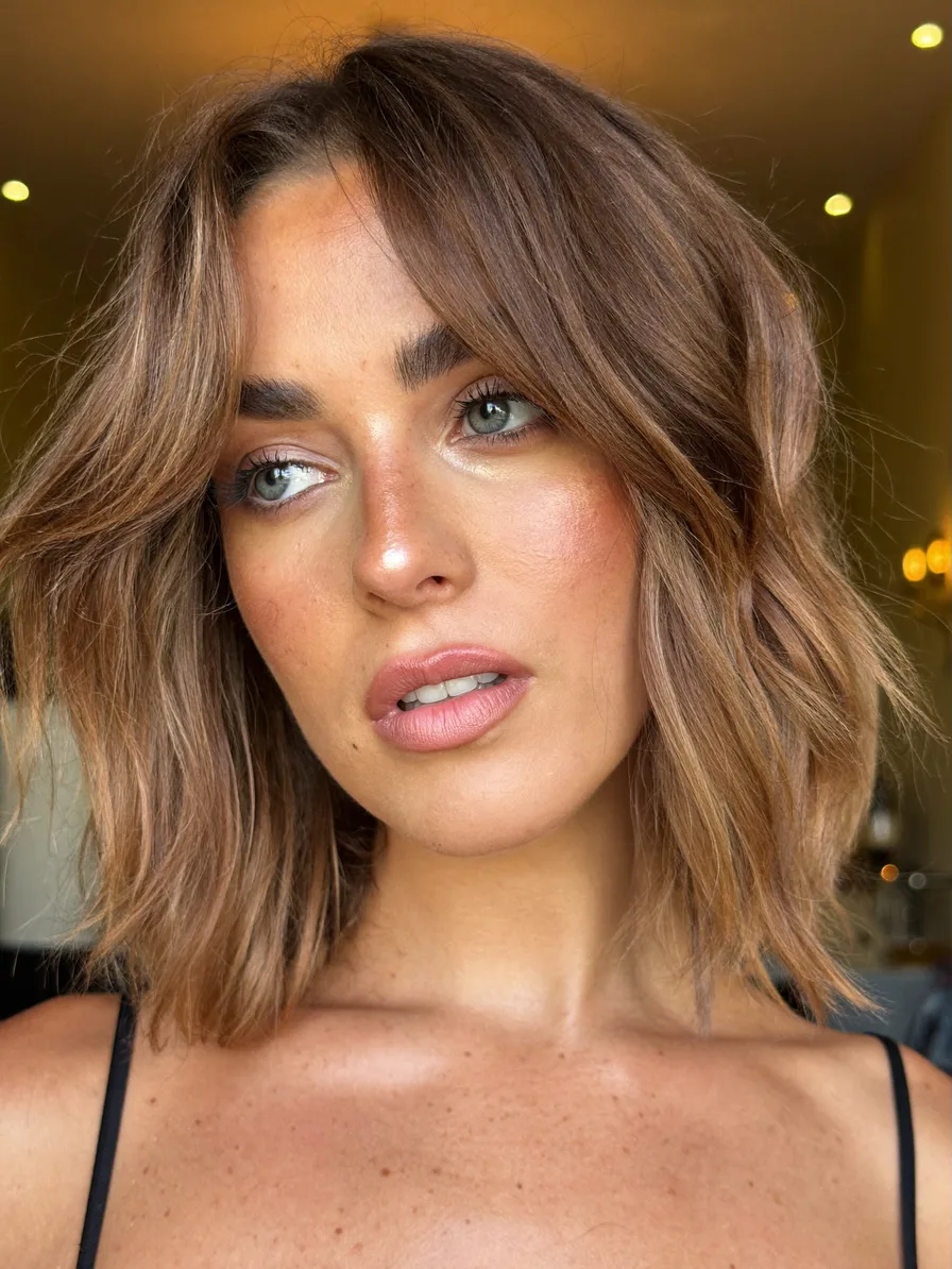 Modern Shoulder-Length Lob with Curtain Bangs and Highlights