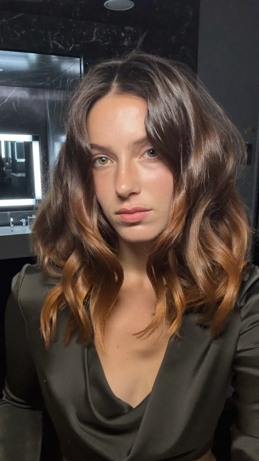 Voluminous Wavy Long Layers with Warm Caramel Balayage