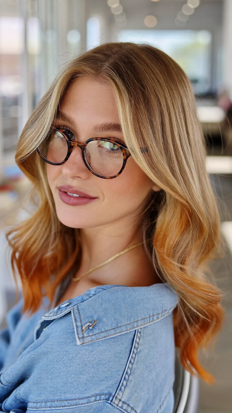 Medium-Length Warm Caramel Balayage with Flowing Curtain Bangs