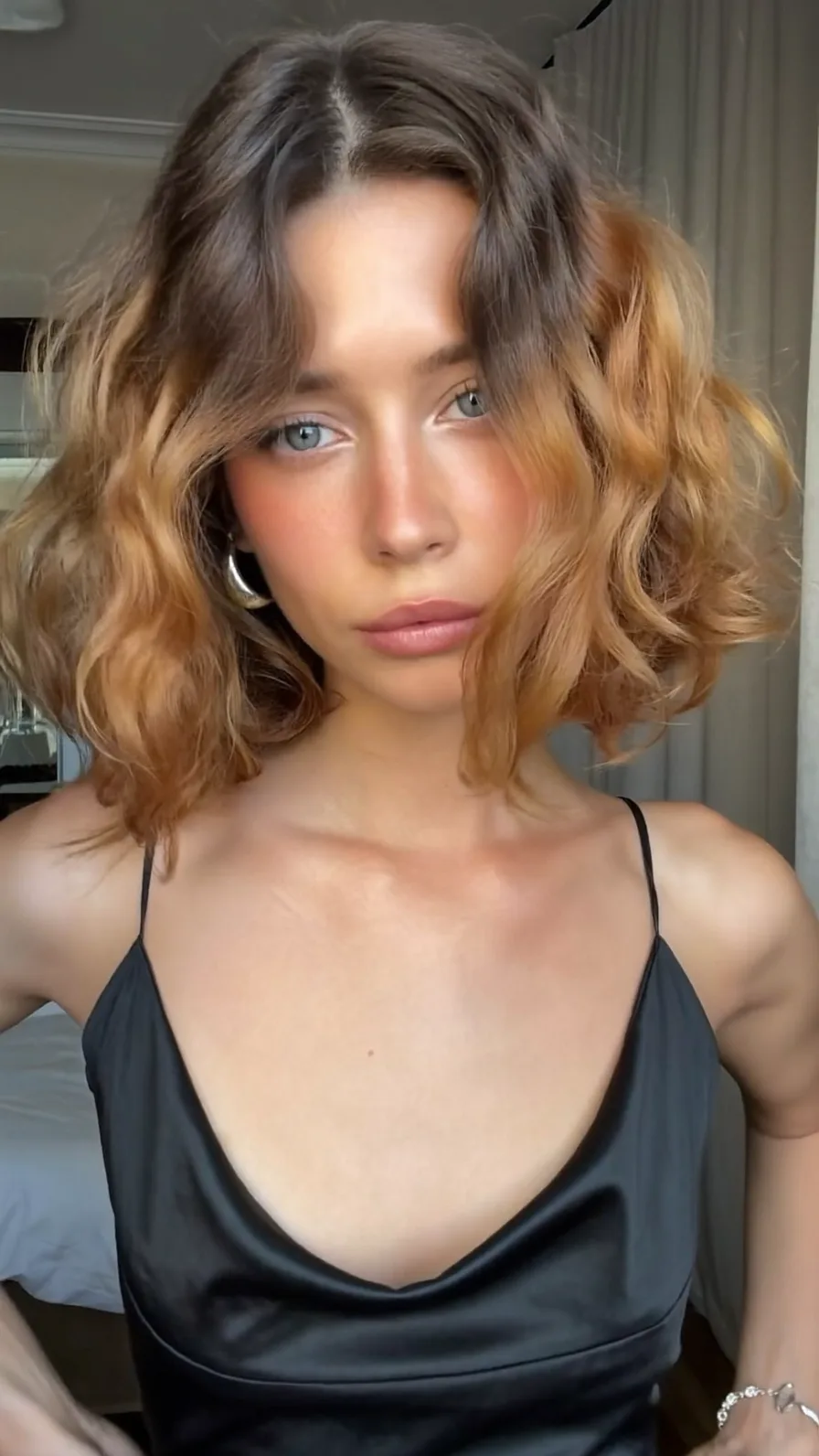 Textured Two-Tone Lob with Face-Framing Curtain Bangs