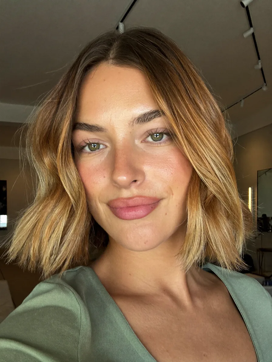 Choppy Textured Lob with Warm Caramel Honey Blonde Balayage