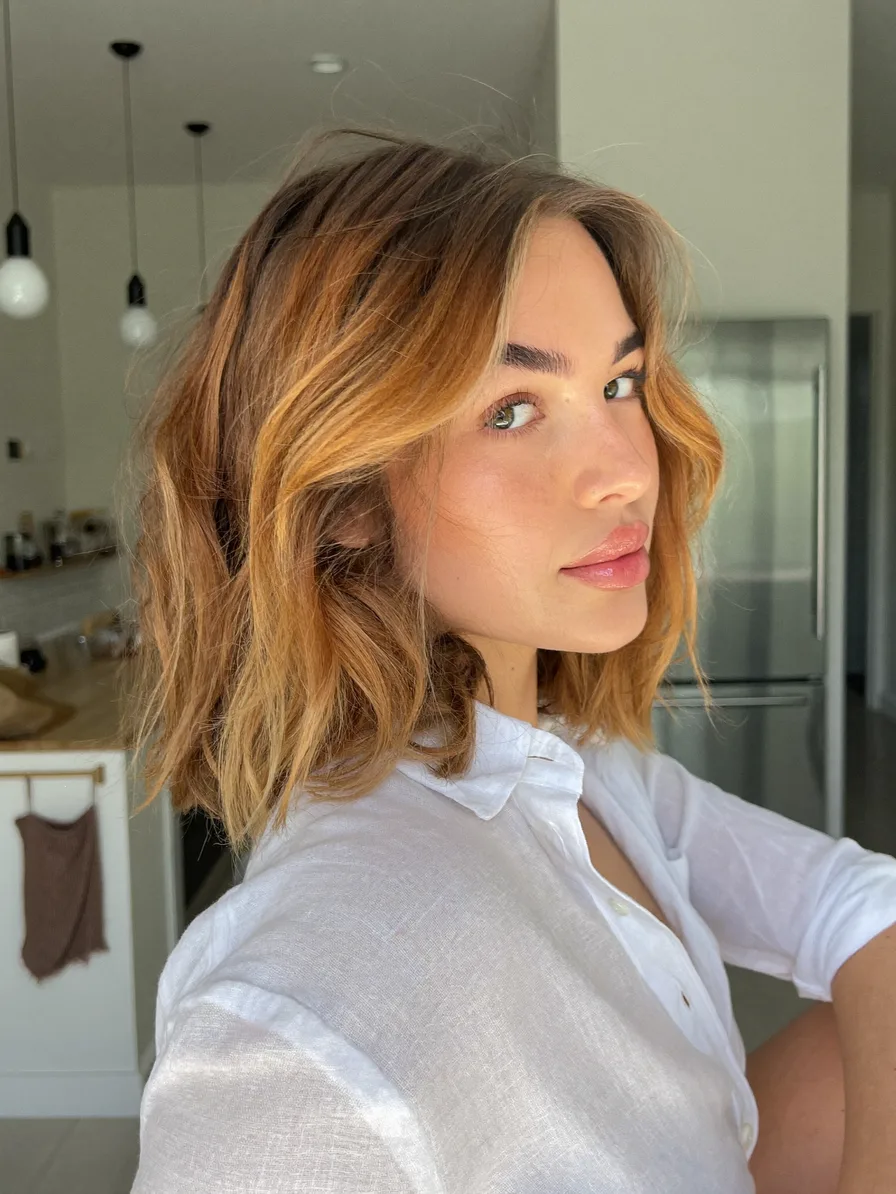 Soft Layered Lob with Caramel and Blonde Balayage Highlights