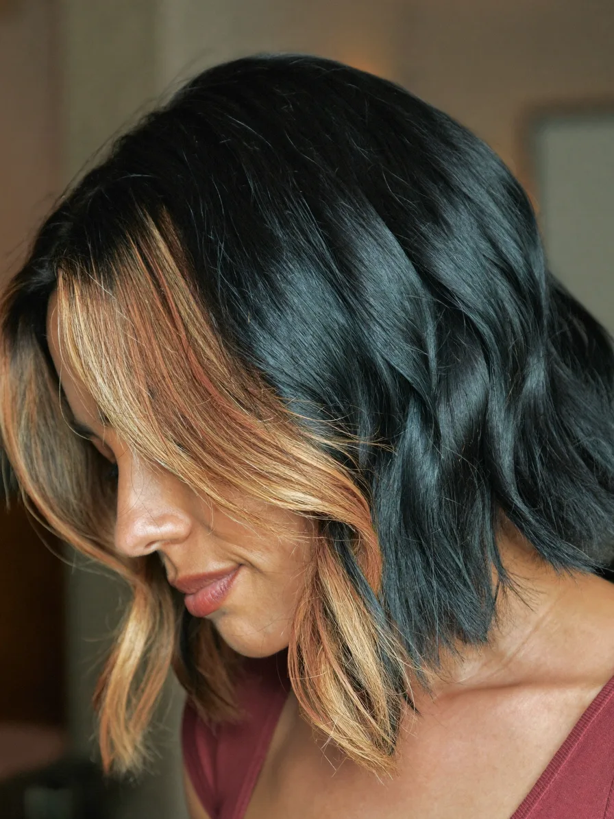 Choppy Layered Chin-Length Lob with Caramel Balayage Highlights