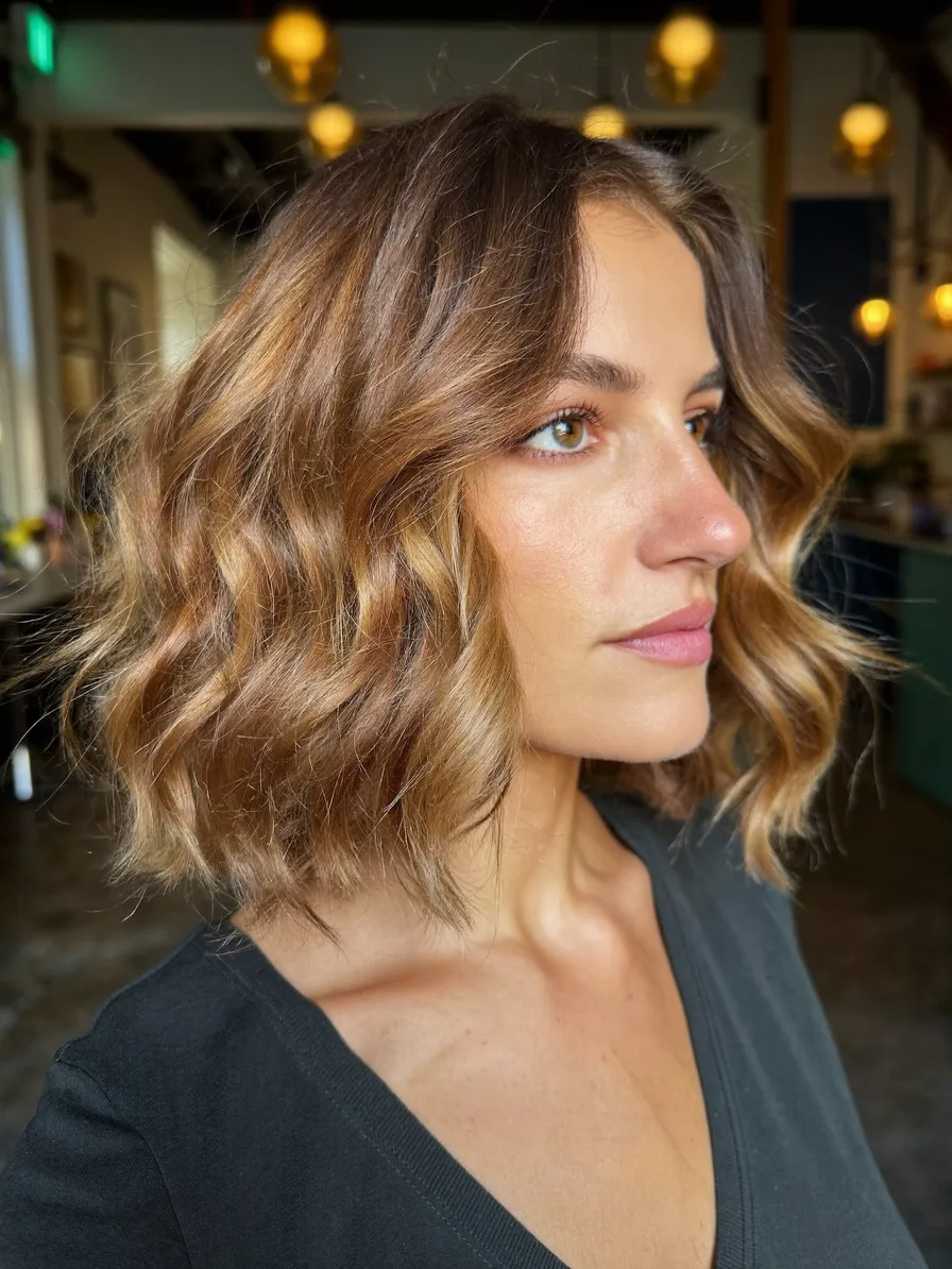 Chic Caramel Brown Lob with Flowing Wavy Layers