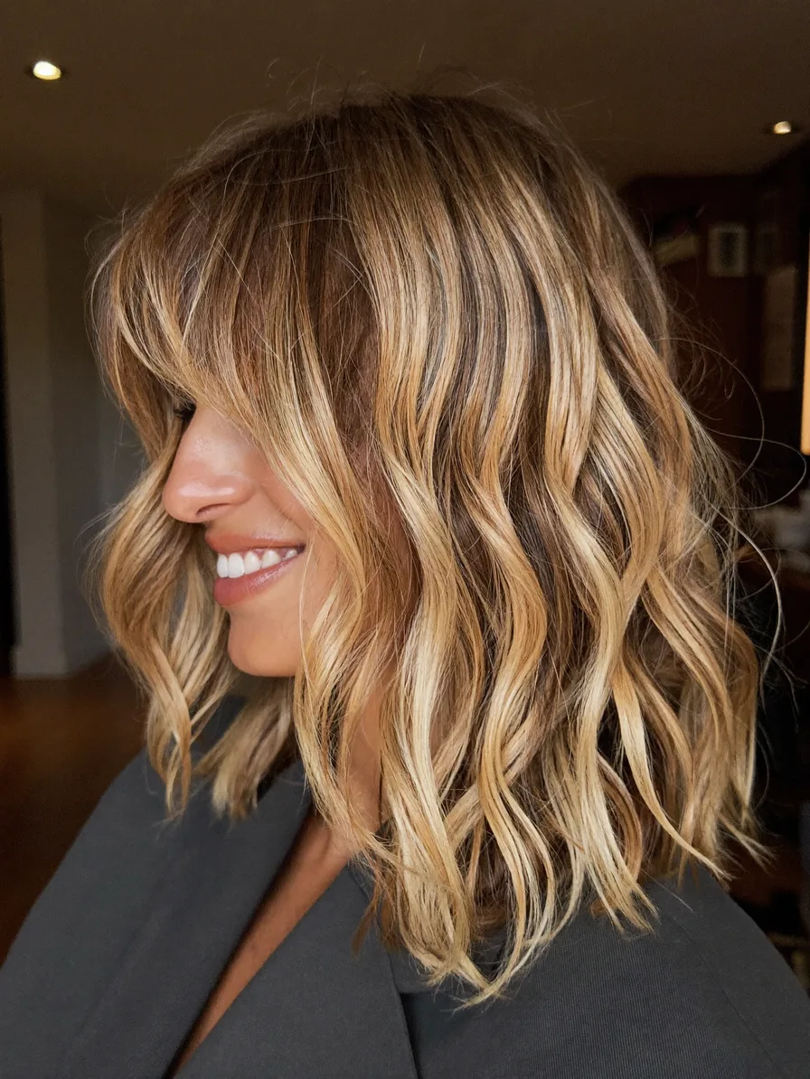 Modern Shoulder-Length Lob with Balayage and Curtain Bangs
