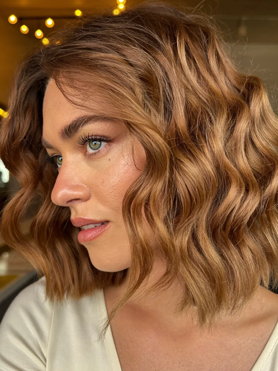 Warm-Caramel Balayage Chin-Length Wavy Lob Hairstyle