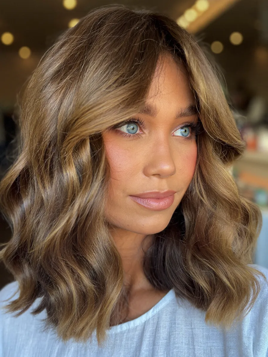 Modern Caramel Brown Lob with Flowing Curtain Bangs
