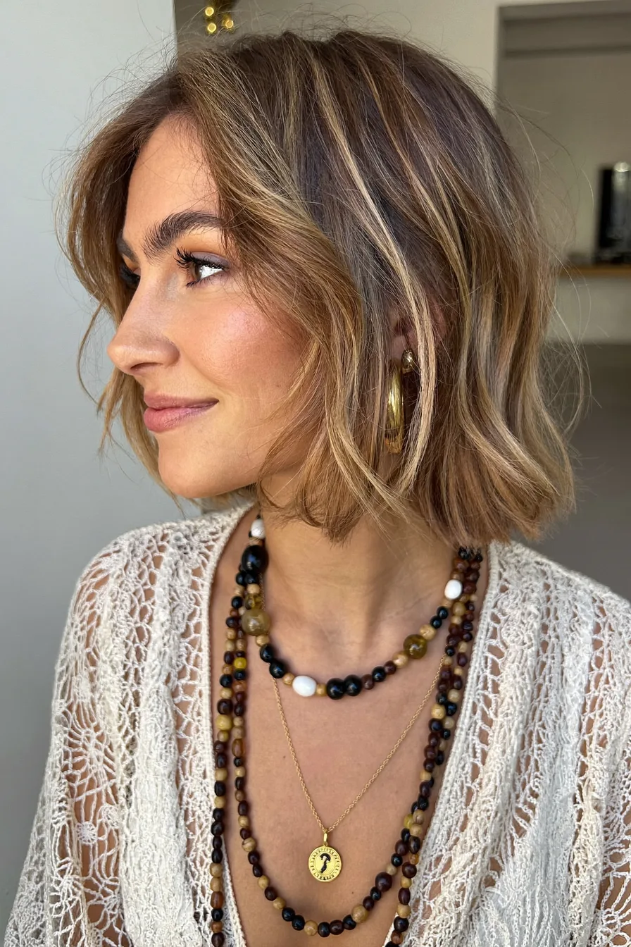 Chic Chin-Length Lob with Dimensional Caramel Balayage Highlights