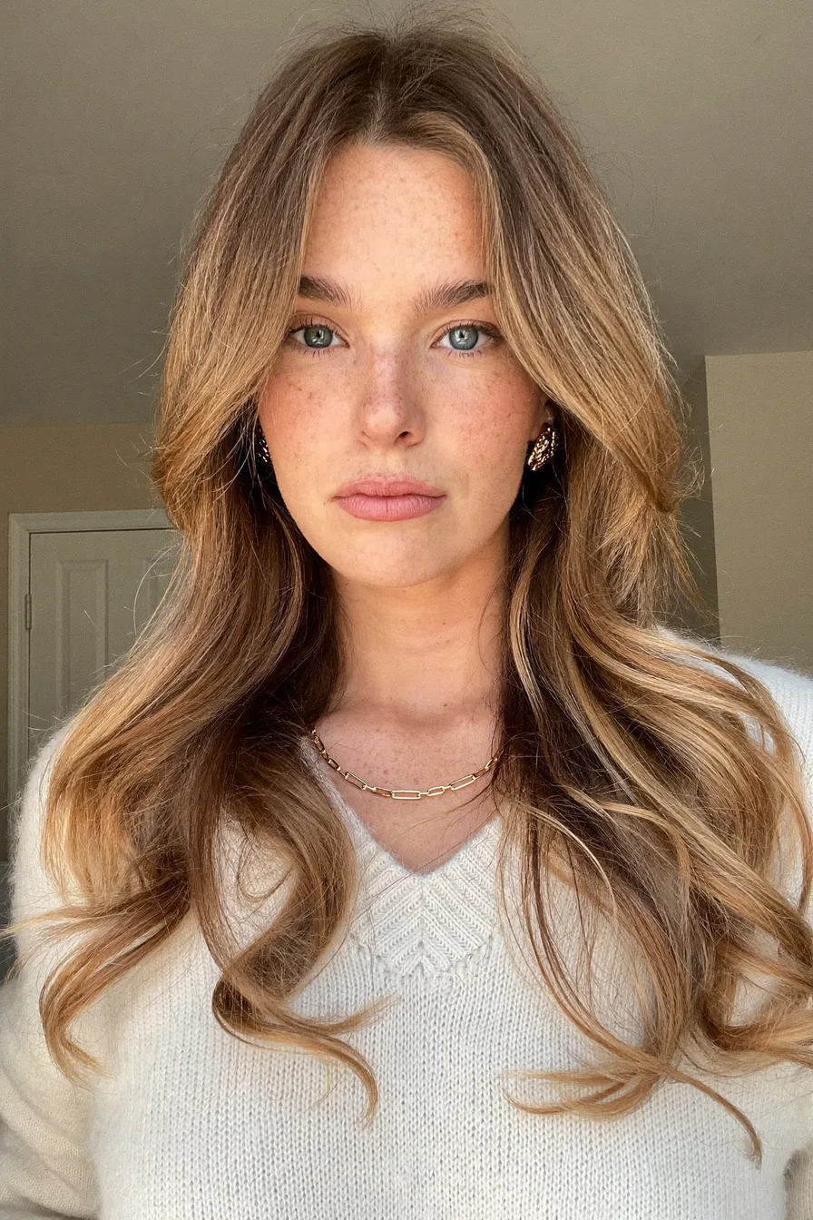 Soft Long Layers with Warm Caramel Balayage and Curtain Bangs