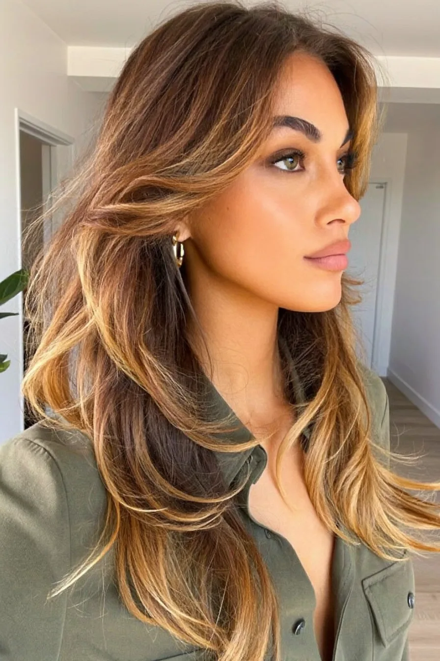 Long Layered Waves with Warm Caramel Balayage Highlights