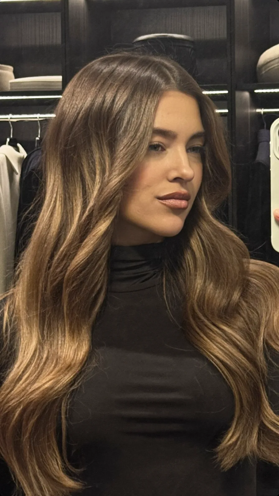 Luxurious Long Layers with Warm Caramel Balayage Glow