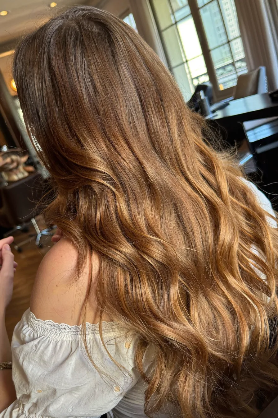 Soft Flowing Long Layers with Warm Caramel Balayage Highlights