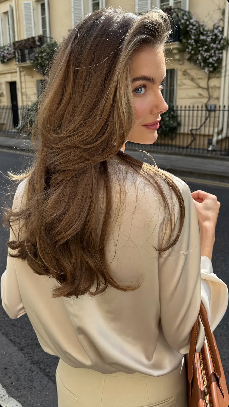 Luxurious Long Layered Hair with Warm Caramel Balayage Highlights