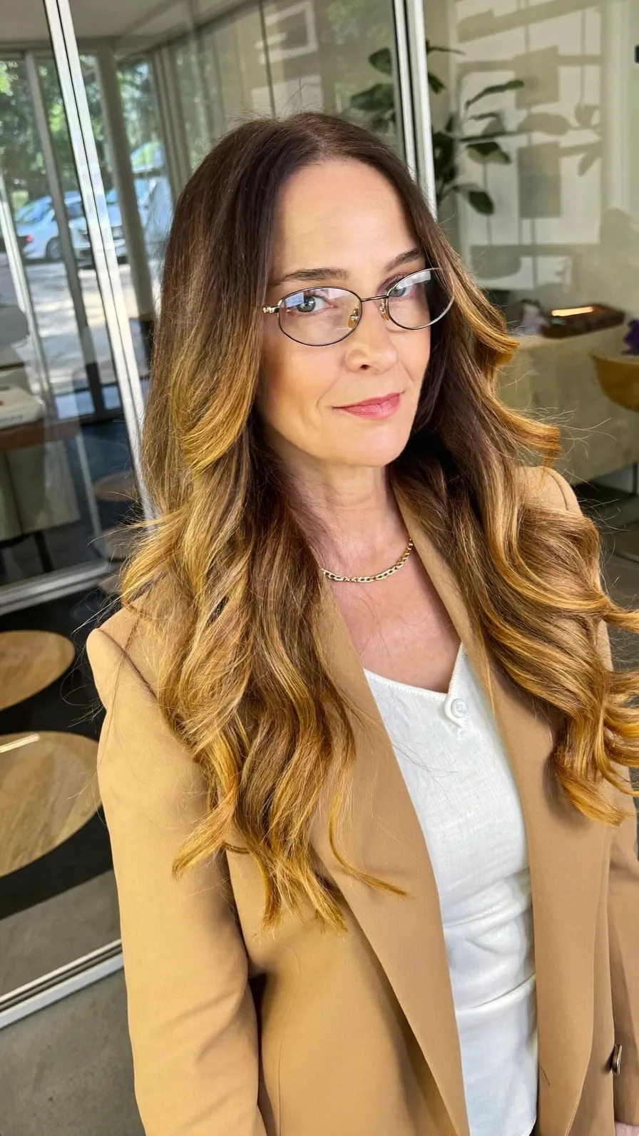 Elegant Long Wavy Layers with Golden Caramel Balayage Highlights