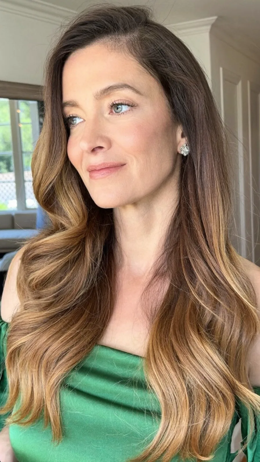 Elegant Flowing Long Layers with Warm Caramel Balayage