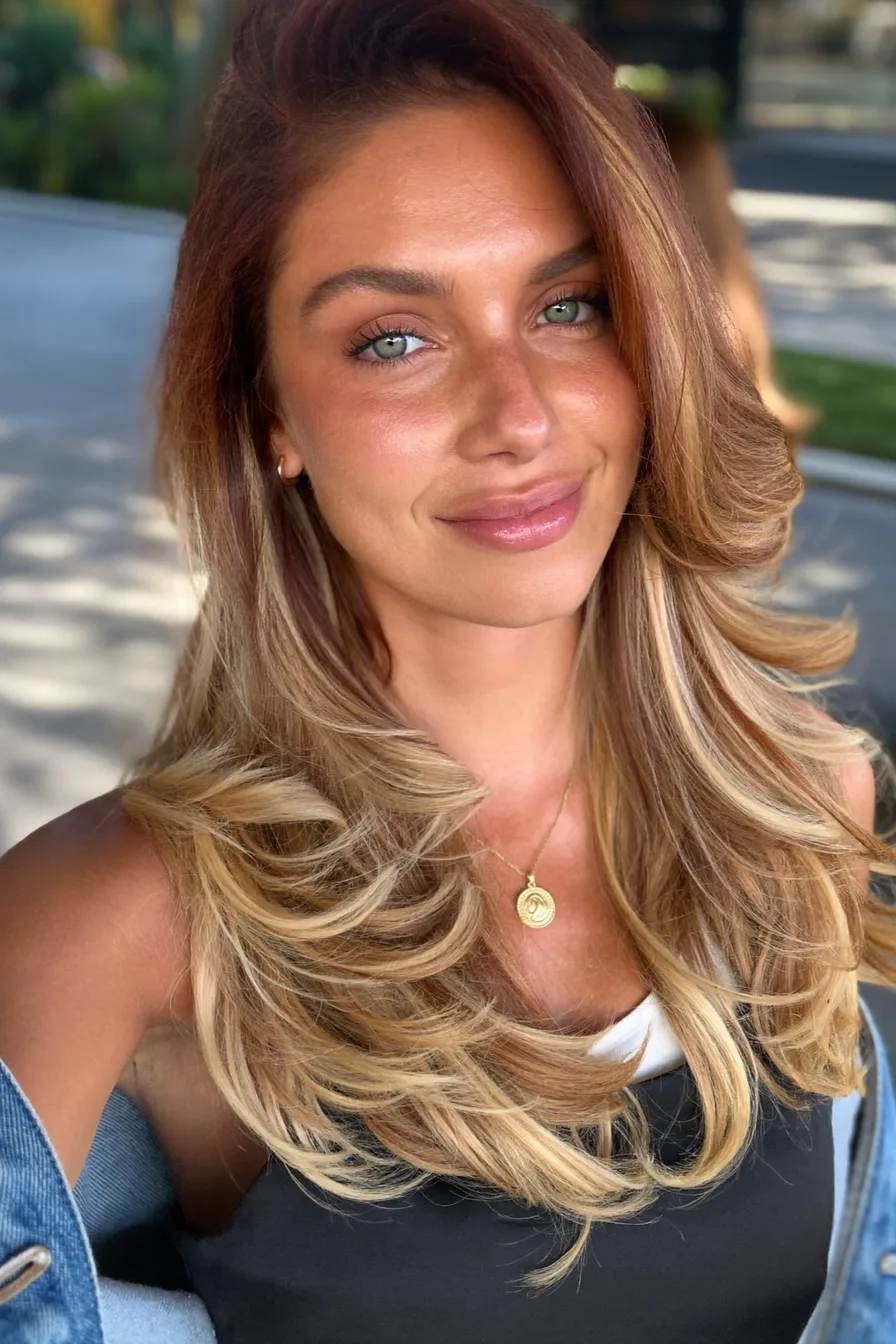 Voluminous Long Layered Blowout with Honey Blonde Balayage Highlights