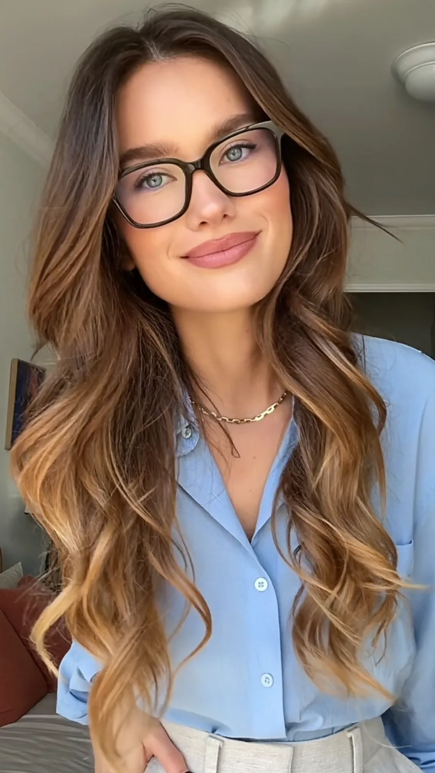 Modern Long Layered Hair with Warm Caramel Ombre Finish