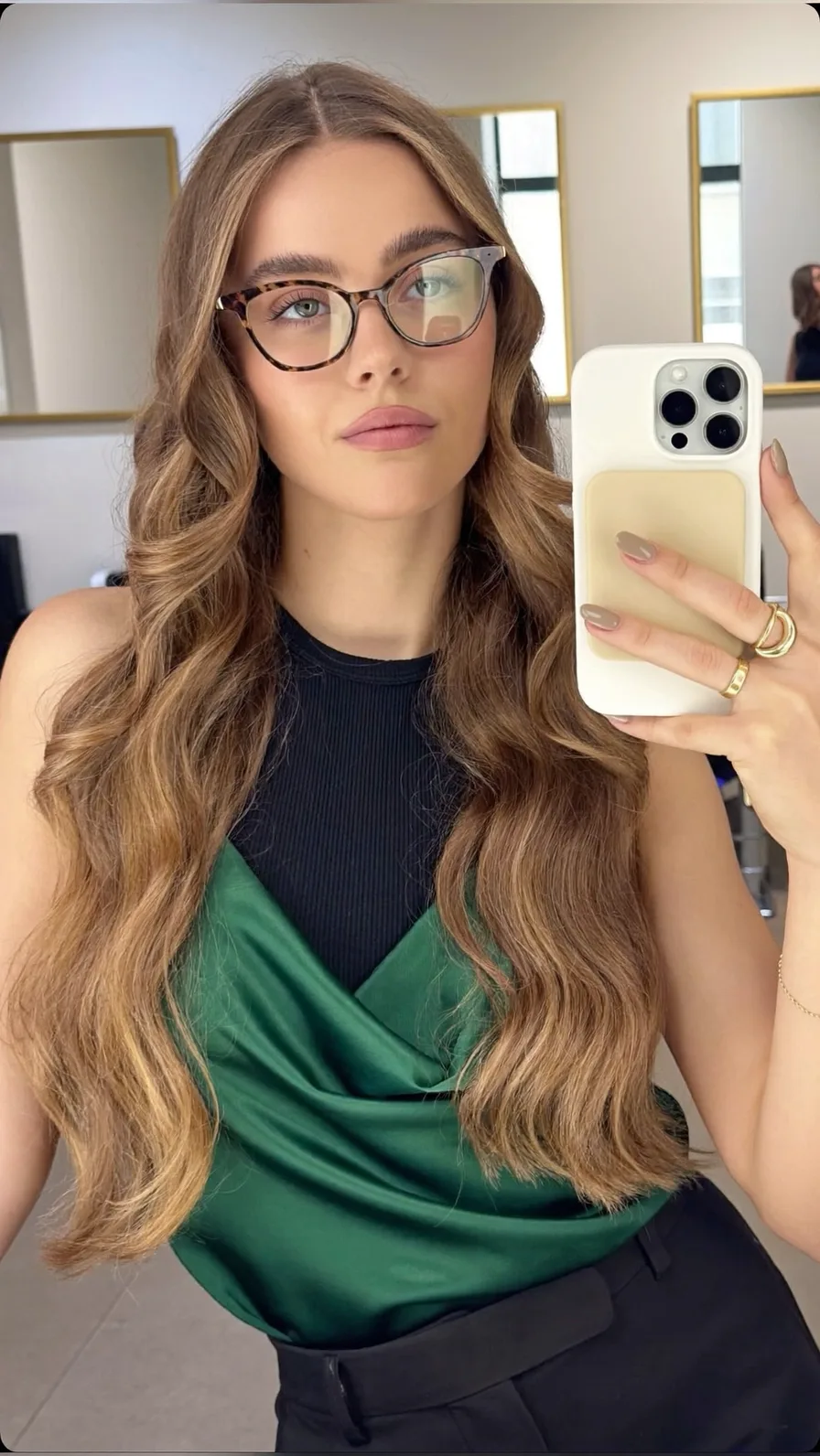 Elegant Long Layered Waves with Center-Parted Balayage Highlights