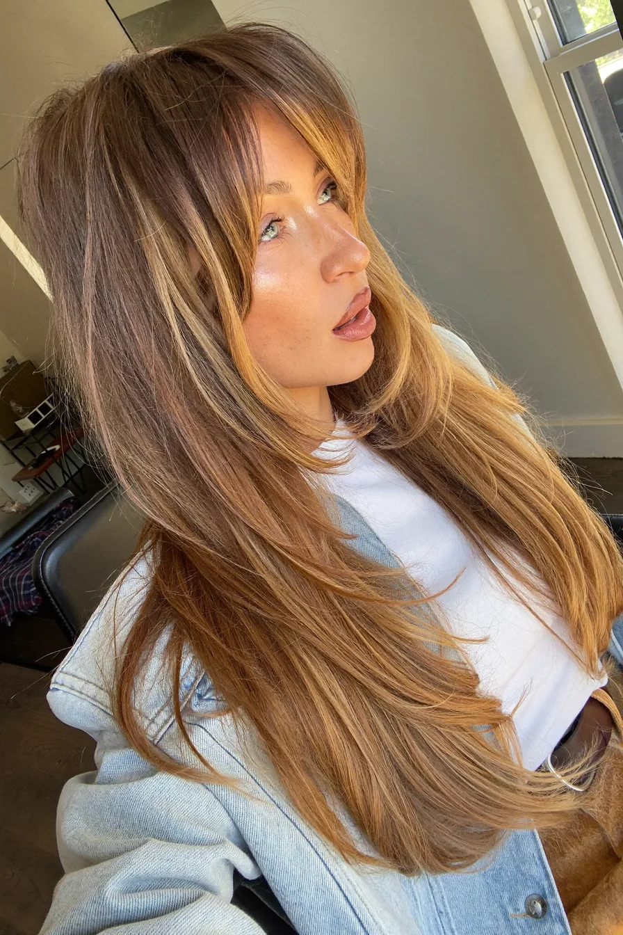 Long Layered Hair with Warm Caramel Brown Balayage Highlights