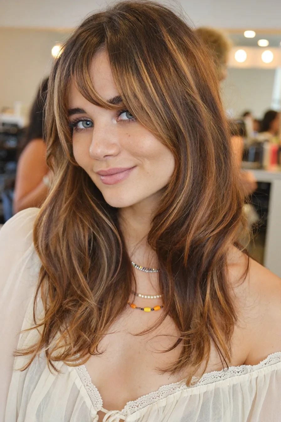 Effortless Long Caramel Brown Shag with Soft Curtain Bangs