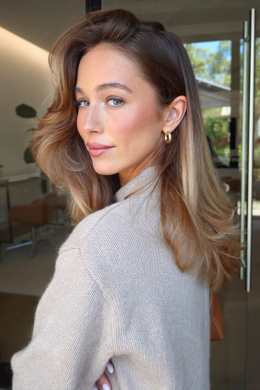 Layered Caramel Brown Shag with Voluminous Side-Swept Bangs