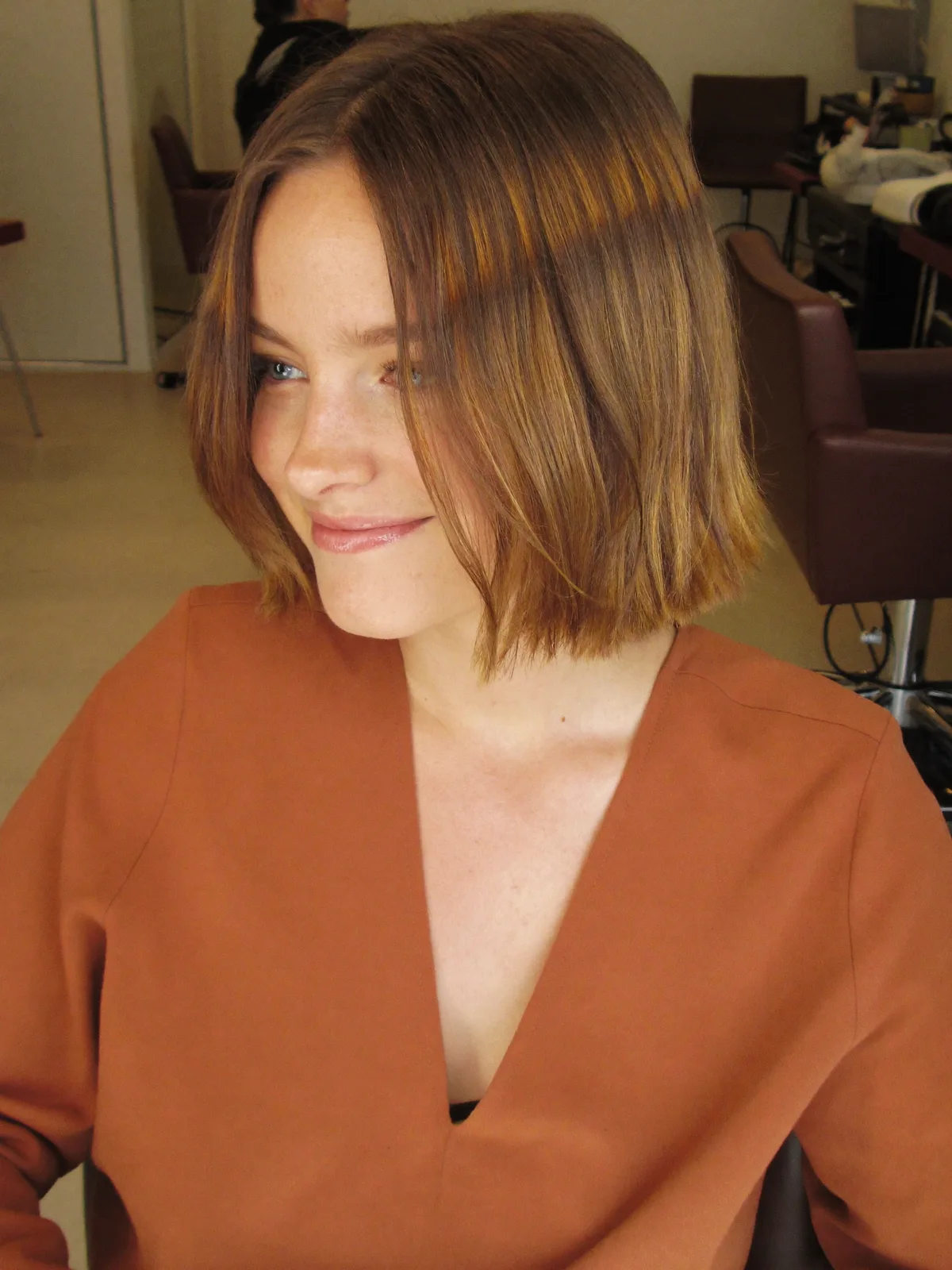 Warm Caramel Brown Blunt Bob with Natural Parting