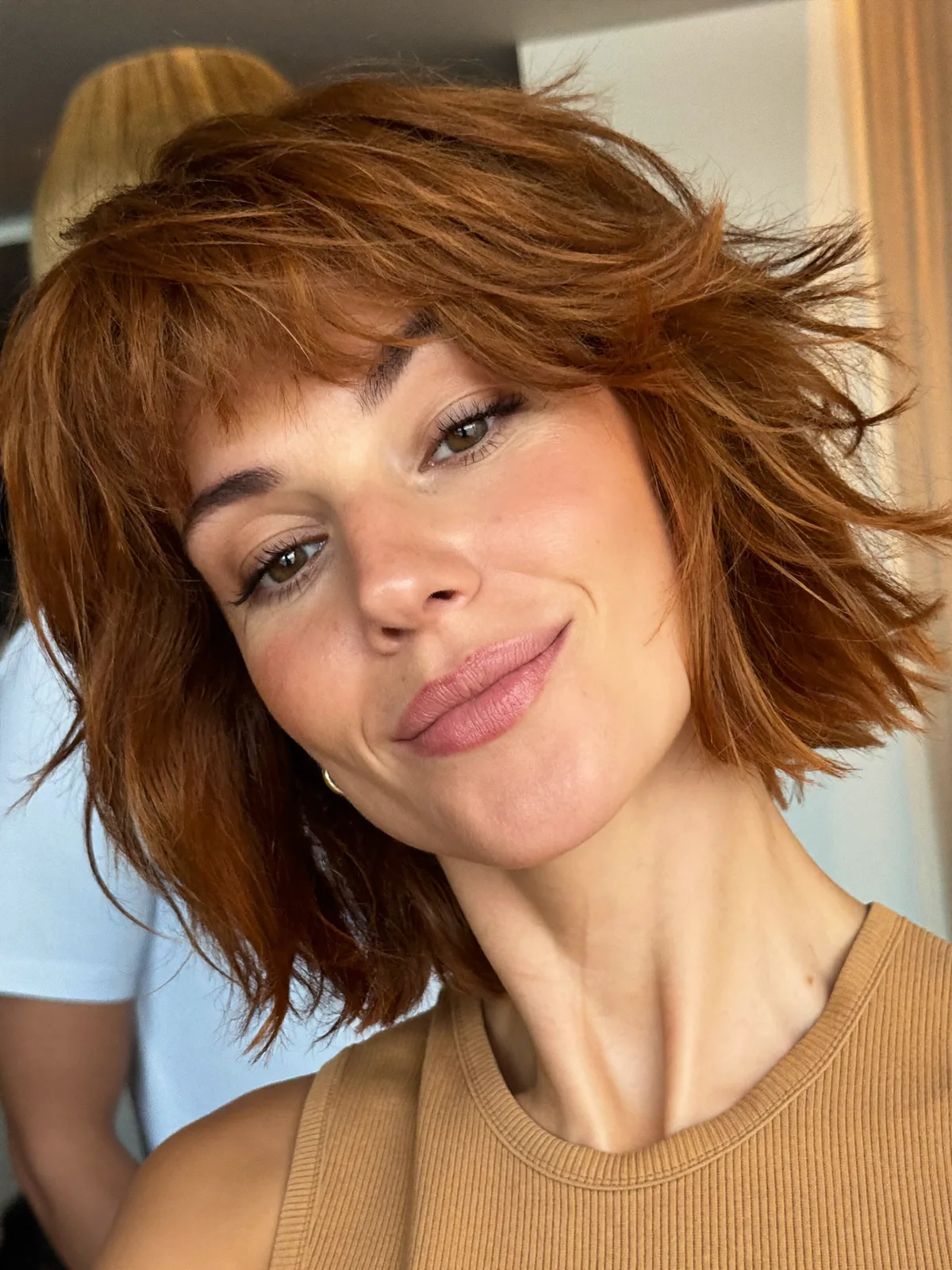 Textured Caramel Brown Shaggy Bob with Wispy Fringe Detail