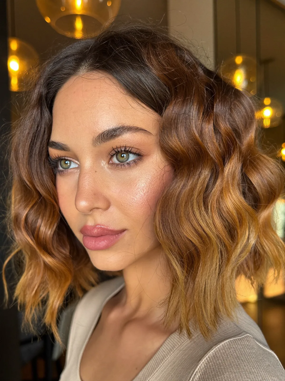 Warm Caramel Brown Soft Wavy Bob with Natural Roots