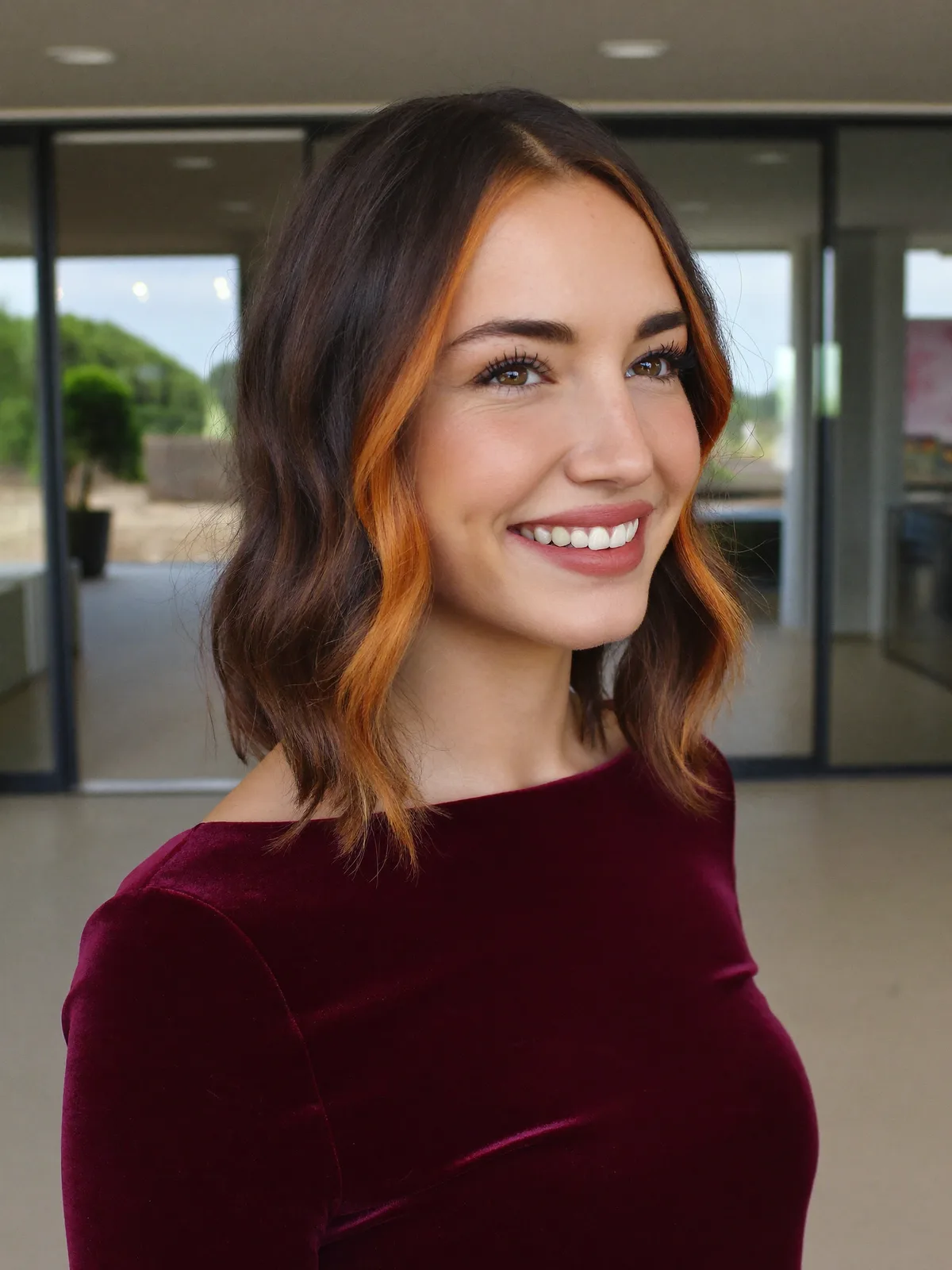 Warm Caramel Brown Wavy Bob with Face-Framing Highlights