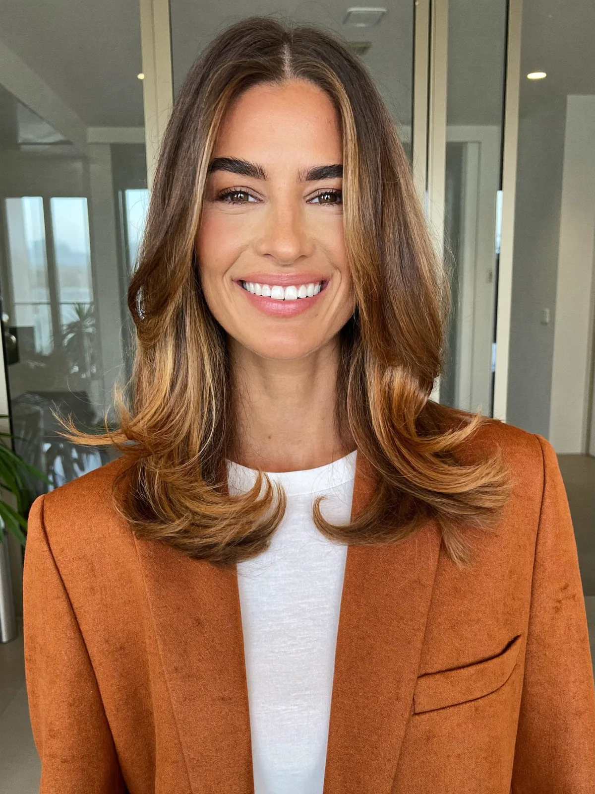 Face-Framing Caramel Brown Layered Lob with Soft Flicked Ends