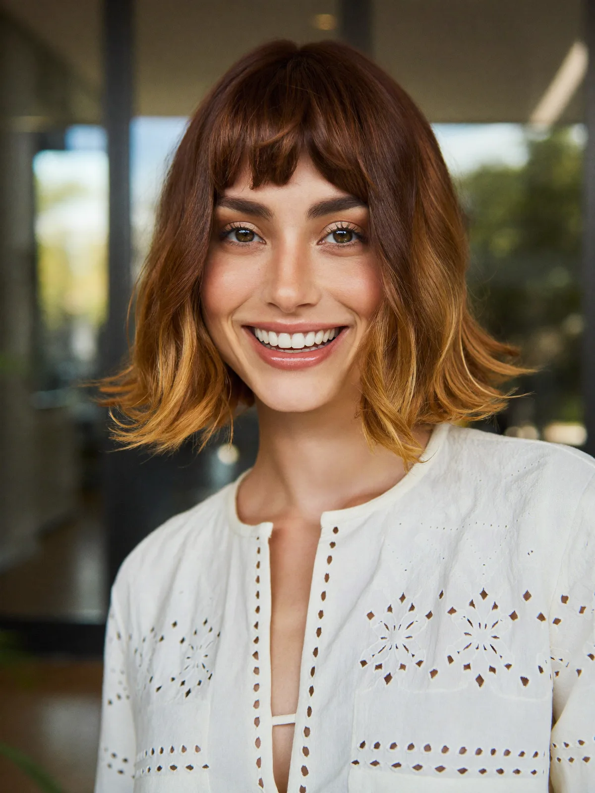 Warm Caramel Brown Wavy Bob with Soft Micro Bangs