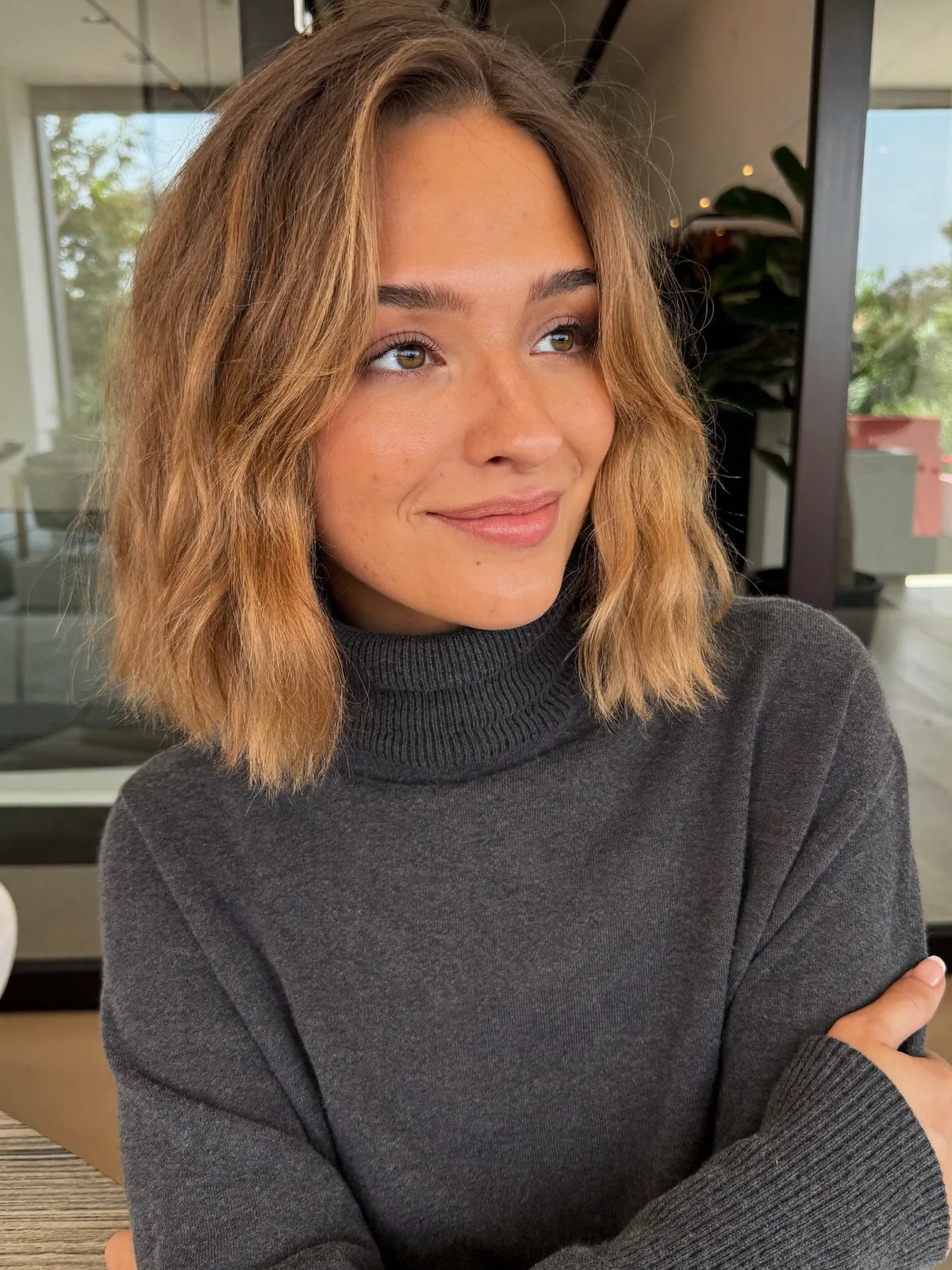 Soft Wavy Caramel Brown Blunt Bob with Face-Framing Layers