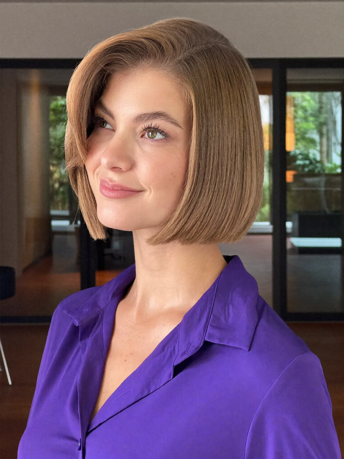 Sleek Caramel Brown Blunt Bob with Side Part for Modern Chic