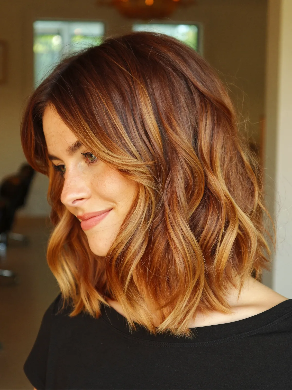 Textured Wavy Lob with Warm Caramel Brown Highlights