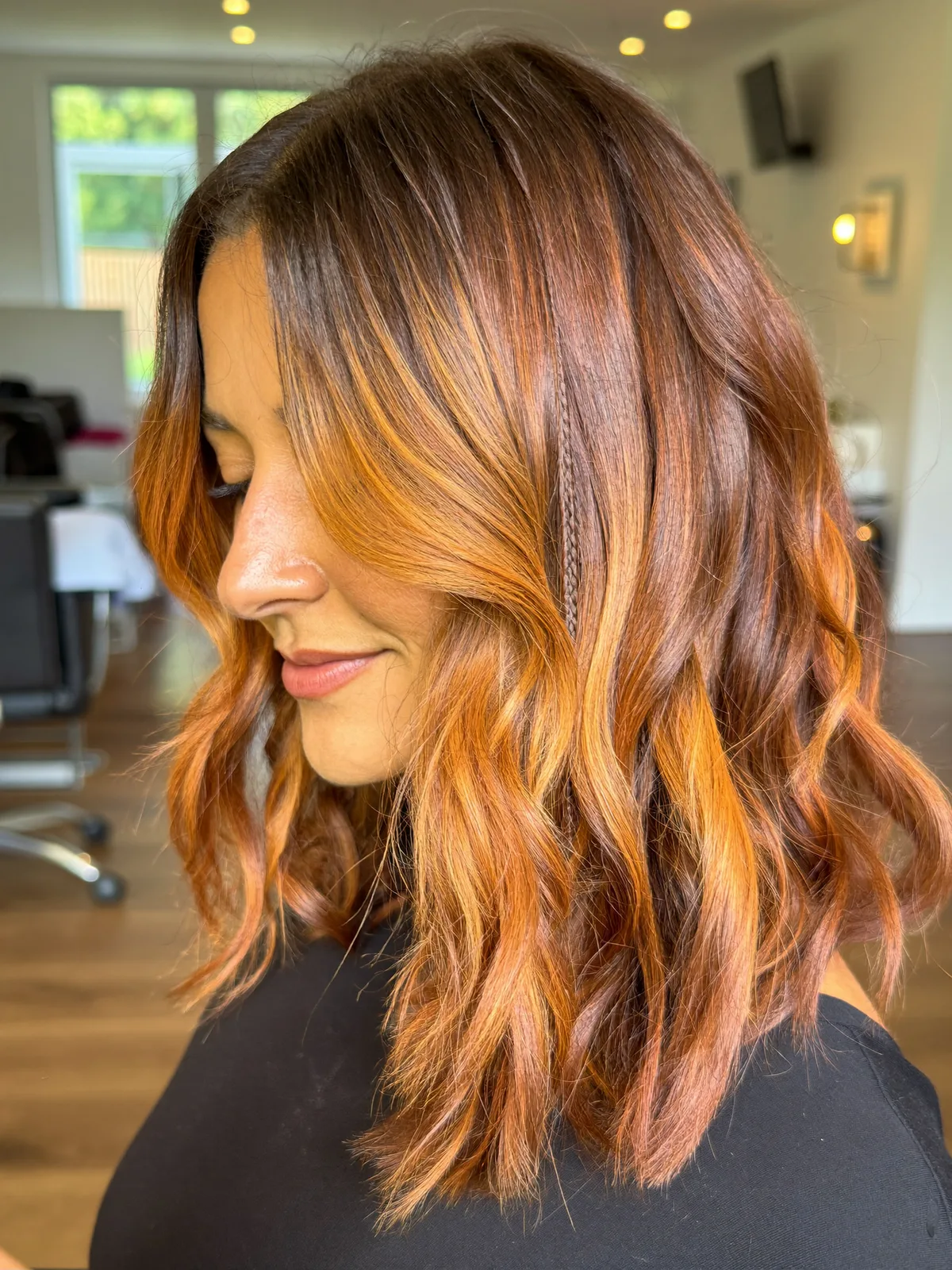 Warm Caramel Brown Wavy Lob with Subtle Face-Framing Layers