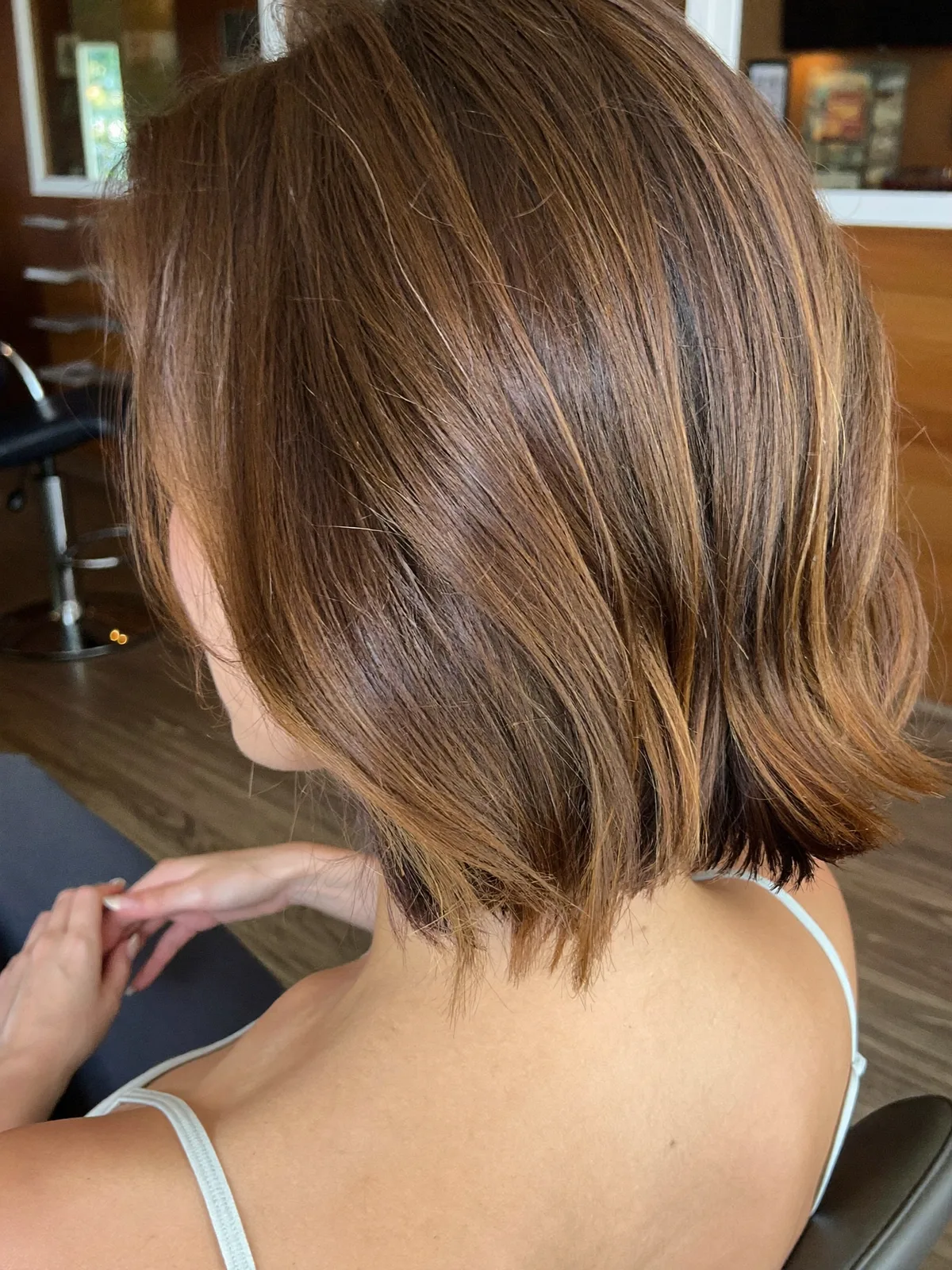 Subtle Caramel Brown Blunt Bob with Natural Texture Finish
