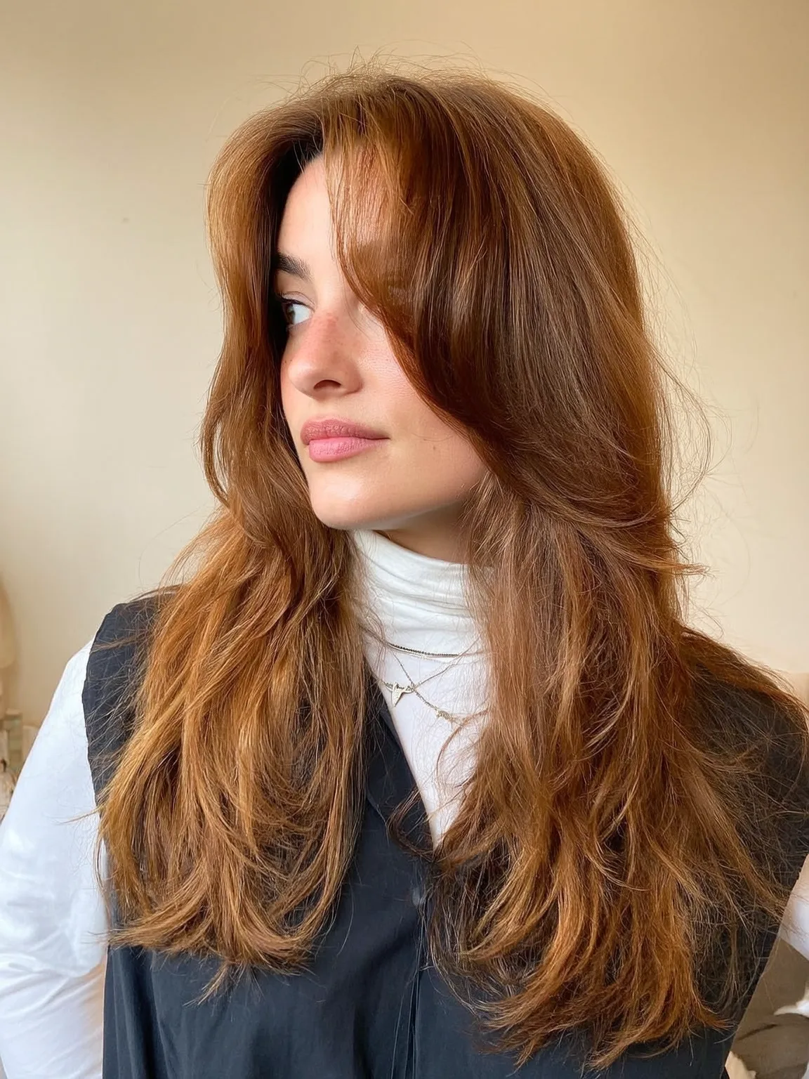 Long Voluminous Wavy Layers with Curtain Bangs for Oval Faces