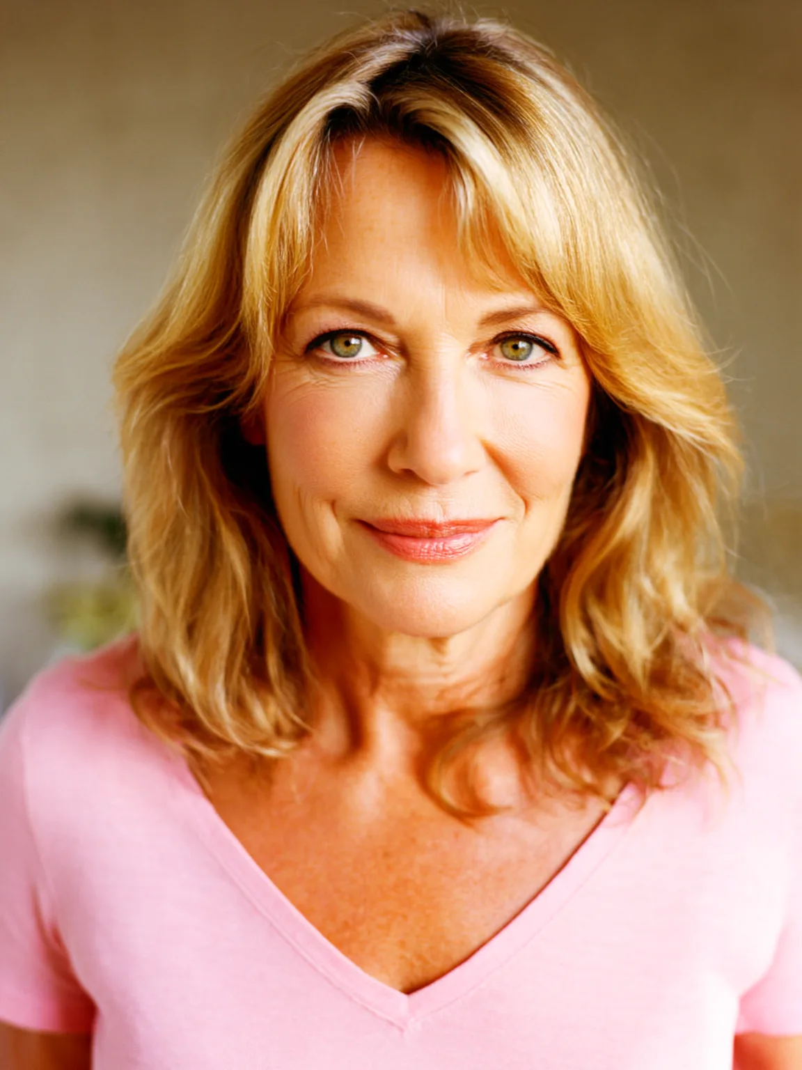 Shoulder-Length Wavy Layers with Caramel Blonde and Curtain Bangs